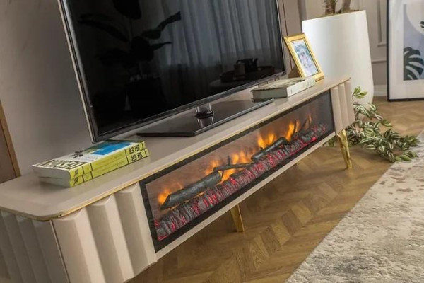  Sideboard RTV Wohnzimmer Luxusmöbel Kamin Beige MDF Metall Lowboard