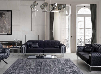  Schwarze Wohnzimmer Sofagarnitur 2x Dreisitzer Designer Polster Sessel