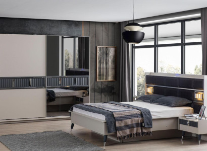  Graue Schlafzimmer Möbel Designer Bett 2x Nachttische Holz Schrank 4tlg