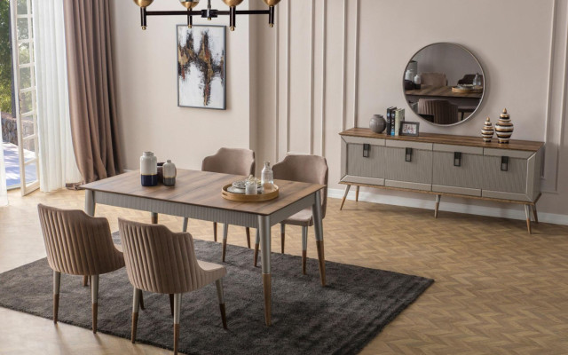  Beige Esszimmer Garnitur Rechteckiger Holz Tisch 6x Polsterstühle 7tlg