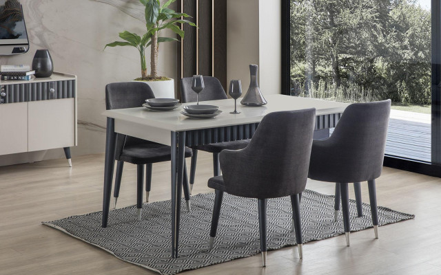  Designer Rechteckiger Weißer Esstisch 6x Graue Polster Stühle 7tlg. Set