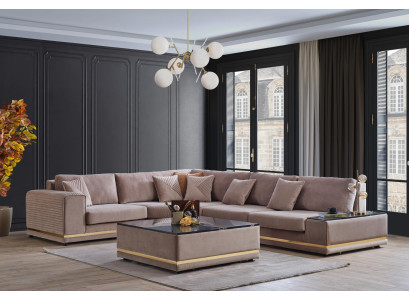 Beiges Wohnzimmer Set Stilvolle L-Form Wohnlandschaft Designer Hocker