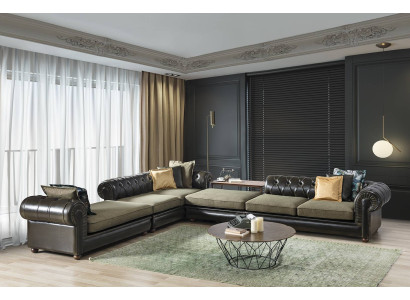 Grün-schwarzes Wohnzimmer Chesterfield L-Form Sofa Polster Couchen Neu