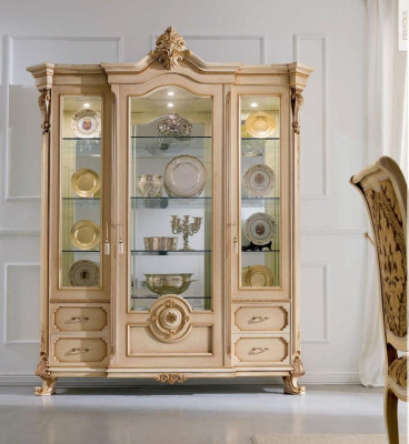 Vitrine Luxus Schränke Vitrinen Holz Wohnzimmer Möbel Beige Barock