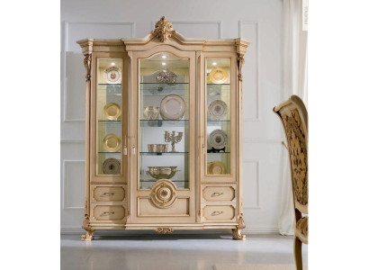 Vitrine Luxus Schränke Vitrinen Holz Wohnzimmer Möbel Beige Barock