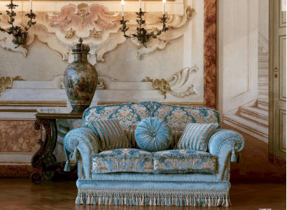 Zweisitzer Sofa 2 Sitzer Sofas Stoff Luxus Blau Holz Wohnzimmer Möbel