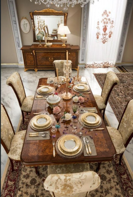 Garnitur Esszimmer Set Vitrine Tisch 6x Stuhl Kommode Spiegel Barock Neu 10tlg.