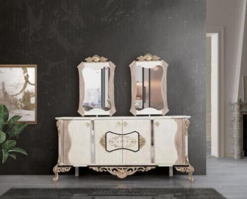 Luxus Esszimmer Set 9 tlg. Esstisch + 6x Stühle + Anrichte mit Spiegel weiß Neu