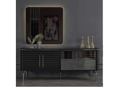 Stilvolle Esszimmer Garnitur Luxus Schwarzes Sideboard Spiegel Holzmöbel