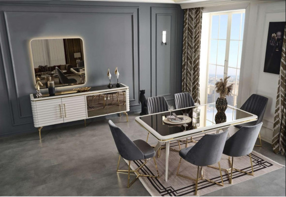 Weiß-Graue Esszimmer Garnitur Holztisch 6x Textil Stühle Sideboard 9tlg