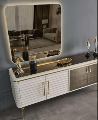 Weiß-Graue Esszimmer Garnitur Holztisch 6x Textil Stühle Sideboard 9tlg