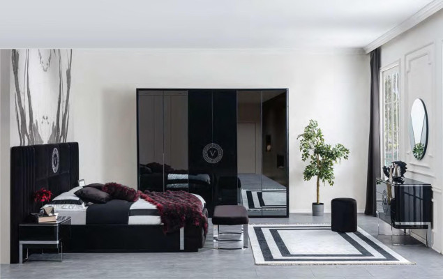 Großes Schwarzes Schlafzimmer Set Bett Nachttische Kleiderschrank 7tlg.