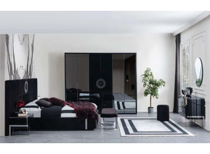 Großes Schwarzes Schlafzimmer Set Bett Nachttische Kleiderschrank 7tlg.