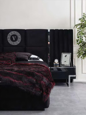 Großes Schwarzes Schlafzimmer Set Bett Nachttische Kleiderschrank 7tlg.