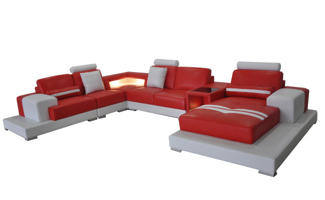 Ledersofa Couch Wohnlandschaft Garnitur Design Modern Sofa U-Form mit USB Licht