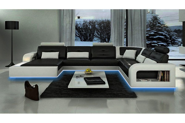 Ledersofa mit USB Ledercouch Sofa Garnitur Wohnlandschaft Eckcouch Ecksofa H2209