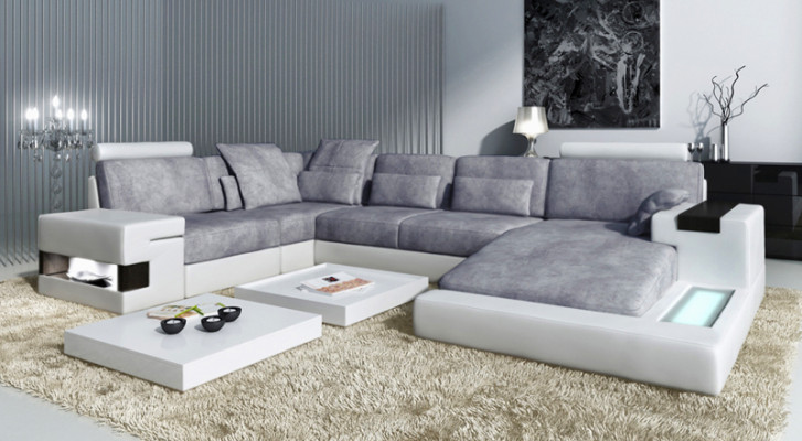 XXL Ecksofa U Form Ledersofa Sofa Polster Couch Leder Textil USB Wohnlandschaft