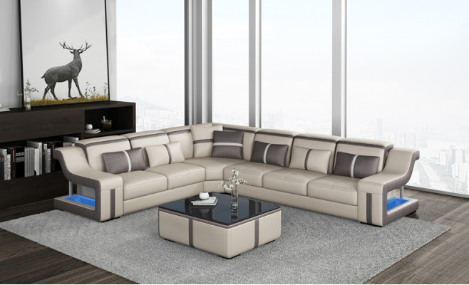XXL Ecksofa Sofa mit USB Eck Wohnzimmercouch Sofa Couch Tisch Polster Sitz Leder