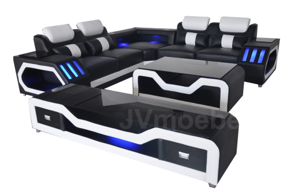 Moderne Ledersofa Wohnlandschaft L Form Sofa Couch Sound - USB - Bluethooth Neu