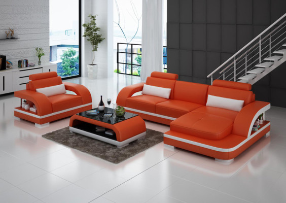 Ledersofa Couch Wohnlandschaft Ecksofa + 1Sitzer Garnitur Modern Sofa G8011E