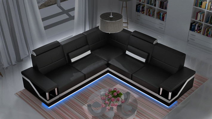 Ledersofa Eckcouch Sofa + USB Poster Eckgarnitur Sofas Stoff Leder Garnitur Neu