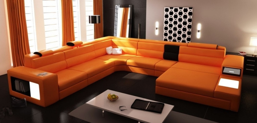 Design Sofa Ecksofa Polster Couch Eck Sitz Garnitur Wohnlandschaft Leder USB+LED