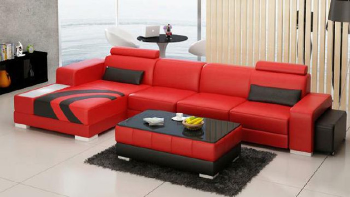 Sofa Couch Wohnlandschaft XXL Couch Ledersofa mit Ottomane Sofagarnitur V015