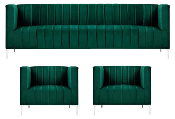 Sofagarnitur Dreisitzer Stoff Wohnzimmer Samt Design Grün Sofa 2 Sessel Gruppe