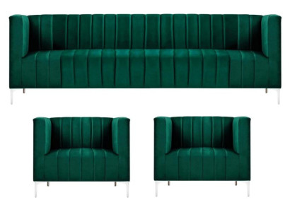 Sofagarnitur Dreisitzer Stoff Wohnzimmer Samt Design Grün Sofa 2 Sessel Gruppe