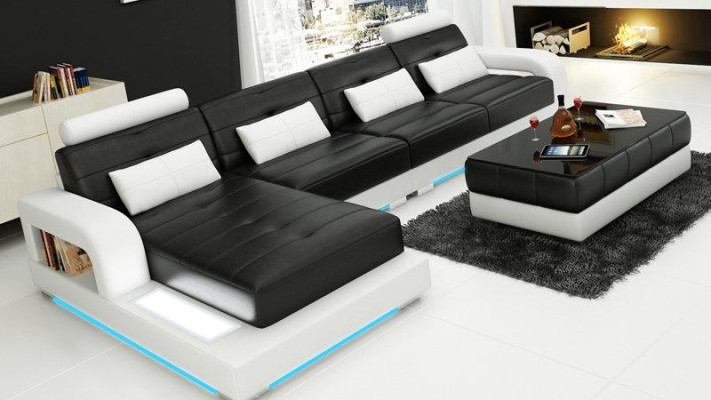 Ledersofa mit USB Wohnlandschaft Eck Garnitur Design Modern Sofa L-Form L6008