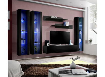 Schwarz Wohnwand Hänge Vitrine Set 6 tlg Wohnzimmer Garnitur Modern Holzmöbel