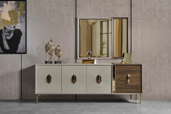 Luxuriöses Esszimmer Set Stilvoler Esstisch 6x Stühle Sideboard Spiegel