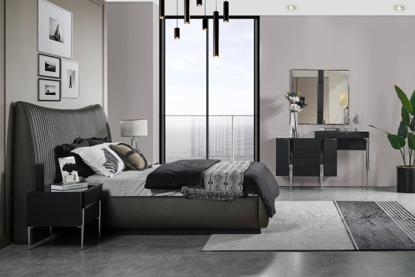 Schwarzer Schlafzimmer Set Designer Bett 2x Nachttische Schminktisch 5tlg