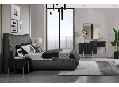 Schwarzer Schlafzimmer Set Designer Bett 2x Nachttische Schminktisch 5tlg