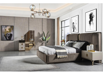 Schlafzimmergarnitur Designer Bett 2x Nachttische Schminktisch Spiegel