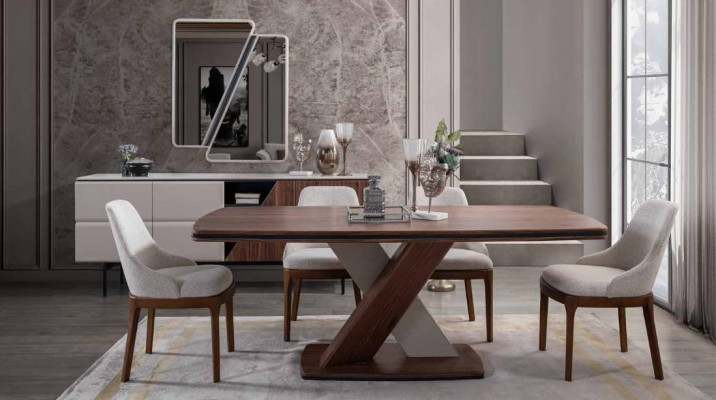 Braun-Graue Esszimmer Garnitur Esstisch 4x Stühle Kommode Spiegel 7tlg