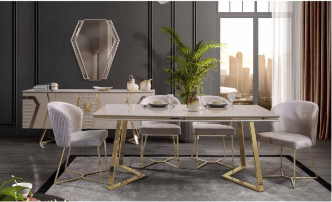 Designer Weiße Esszimmer Garnitur Essgruppe Esstisch 4x Stühle 7tlg