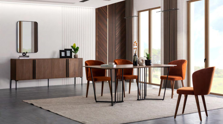 Esszimmer Set Esstisch 4x Stühle Kommode Spiegel Modern Set Braun Essgruppe
