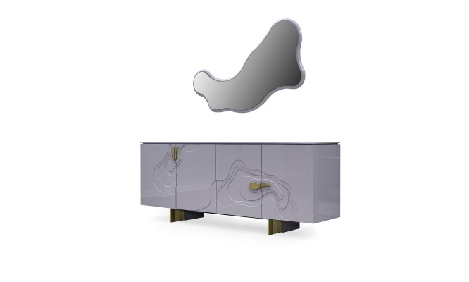 Anrichte Garnitur Sideboard mit Spiegel Schrank Holz Rosa Esszimmer