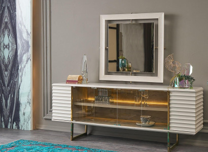 Anrichte Garnitur Sideboard mit Spiegel Esszimmer Holz Beige Kommode