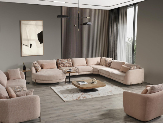 Wohnzimmer Set 6tlg Garnitur Ecksofa U-Form Holz Couchtisch Luxus Einrichtung