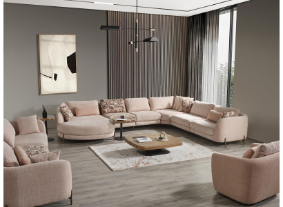 Wohnzimmer Set 6tlg Garnitur Ecksofa U-Form Holz Couchtisch Luxus Einrichtung