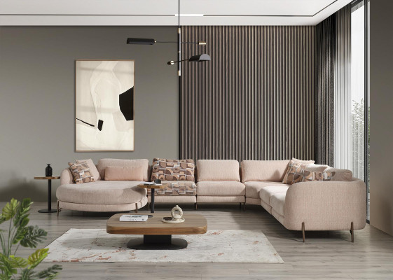 Wohnzimmer Set 6tlg Garnitur Ecksofa U-Form Holz Couchtisch Luxus Einrichtung