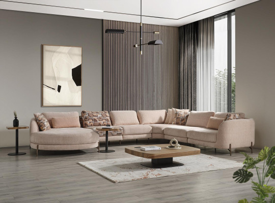 Wohnzimmer Set 6tlg Garnitur Ecksofa U-Form Holz Couchtisch Luxus Einrichtung