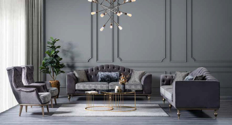 Grauer Sessel Textil Lounge-Sessel Einsitzer Polstersitz Wohnzimmer Holz