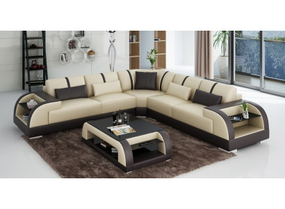 Design Eck Leder Sofa Couch Polster Garnitur Wohnlandschaft L Form Moderne Beige
