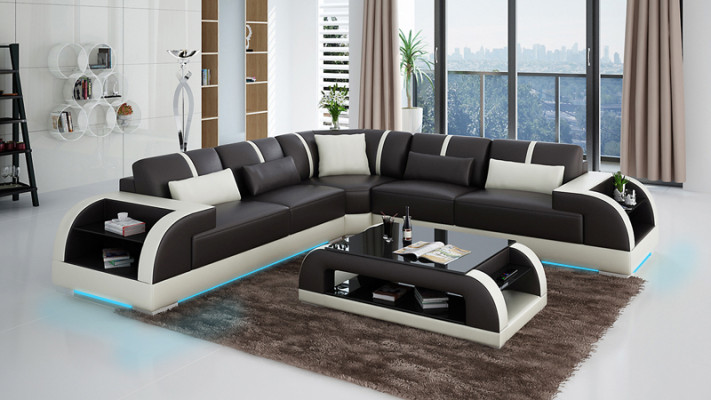 Ledersofa Couch Wohnlandschaft Ecksofa Eck Garnitur Design Modern LED USB Sofa