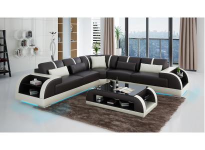 Ledersofa Couch Wohnlandschaft Ecksofa Eck Garnitur Design Modern LED USB Sofa