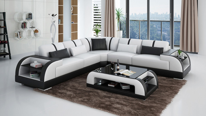 Ledersofa Couch Wohnlandschaft Ecksofa Eck Garnitur Design Modern LED USB Sofa