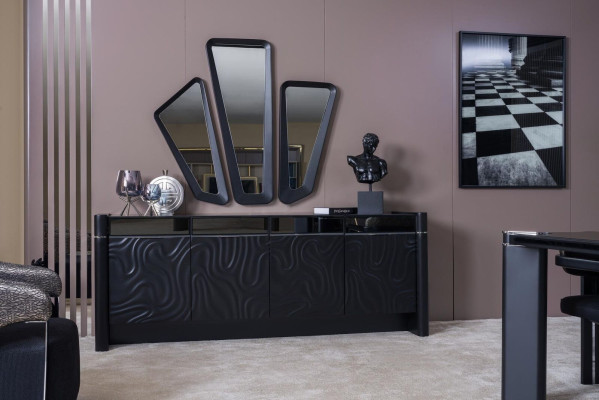 Schwarzes Esszimmer Set Esstisch 6xSühle Sideboard 3x Spiegel Essgruppe Luxus